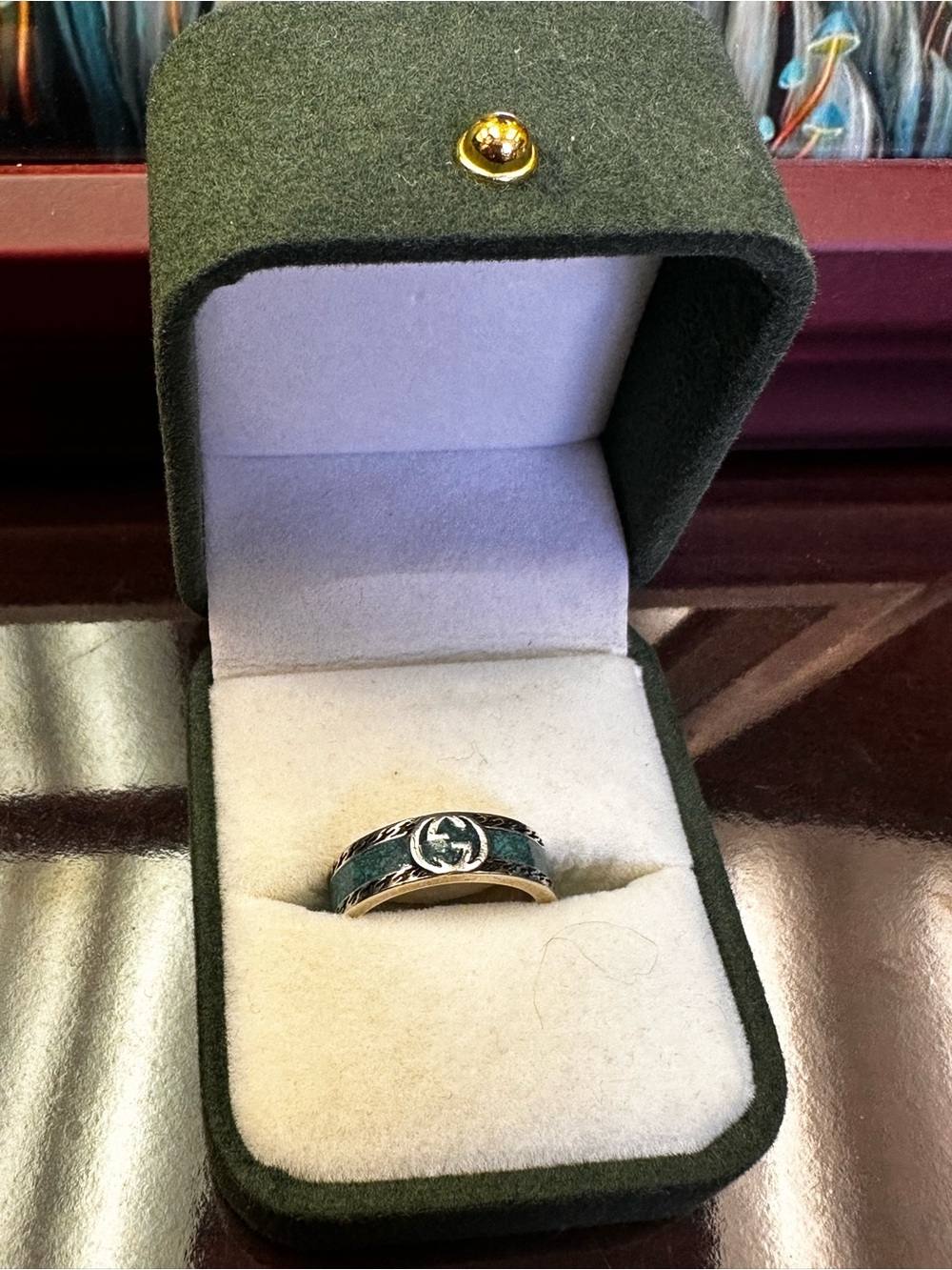 Gucci Green Enamel 925 Sterling Silver Ring